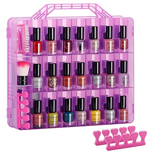 DreamGenius Nail Polish Organizer Case for 48 Bottles with 2 Nail Separators, Double Side Gel Nail Polish Holder with Adjustable Dividers, Purple