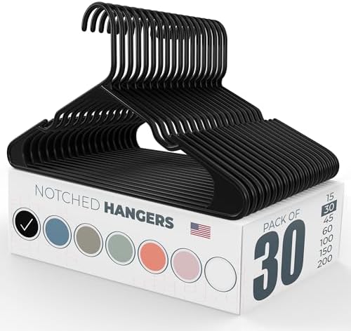 30pk Made in USA Plastic Clothes Hangers Bulk | 20 30 50 100 Pack Available | Laundry Clothes Hanger | Coat Hangers Plastic | Heavy Duty Plastic Hanger for Closet Hangars | Mainstays Hangers (Black)