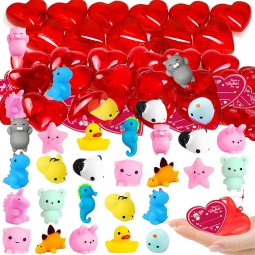 DINESIL 28 Packs Valentine Mochi Squishies Toys Filled Hearts with Valentine Cards for Kids Valentine Party Favors, Valentines Day Exchange Gift, Classroom Prizes