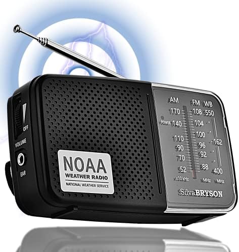 NOAA Weather Radio SilvaBRYSON, Emergency AM/FM Battery Operated Handheld Radio with Speaker and Best Reception for Hurricane, Home, Running. Convenient Headphone Jack, Operated by 2AA Battery.