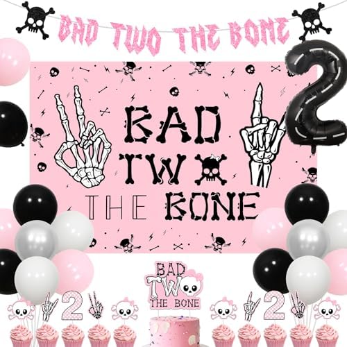 Jollyboom Bad Two the Bone Birthday Decoration Girl, Rock And Roll 2nd Birthday Party Decorations Backdrop Cake Cupcake Topper Banner Foil Number 2 Balloon for Girl Music Theme 2 Year Old Birthday