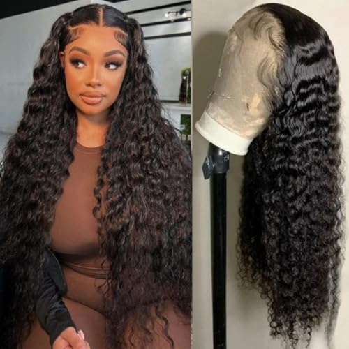Deep Wave Lace Front Wigs Human Hair 200% Density 13x6 HD Transparent Lace Front Wigs Human Hair Pre Plucked Deep Curly Wet And Wavy Wig Human Hair Natural Black Pre Plucked with Baby Hair 34 Inch