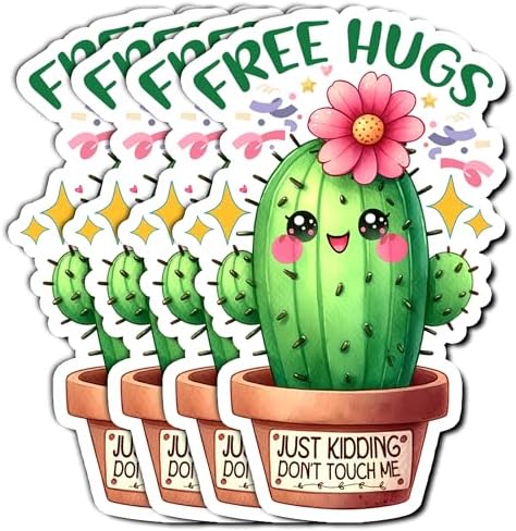 Pack 4PCS Cactus Stickers Funny Free Hugs Just Kidding Don't Touch Me Waterproof Vinyl Decals Decor Water Bottles Phone Case Laptop Window Car Guitar Journals Tumbler Gifts