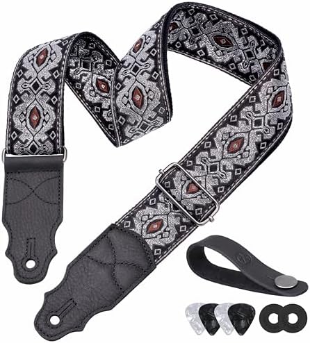 Guitar Strap, Head Layer Cowhide Leather End, 2 Inches Wide, for Acoustic and Bass Electric Guitars, Free Button, 2 Strap Locks and 4 Guitar Picks