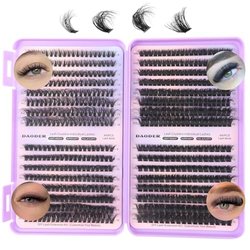 DAODER Fluffy Lash Clusters 40D+60D+80D+100D Mixed Thick Eyelash Cluster 640pcs Wispy Eyelash Extension Custers D Curl Volume Individual Lashes 9-16MM DIY Lash Extension(40D+60D+80D+100D 9-16MM)