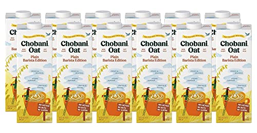 Chobani Oat Milk, Plain Oat Barista Edition, Shelf Stable Non Dairy Milk, Creamer, Vegan Friendly, Gluten-Free, 32 FL OZ (Pack-12)