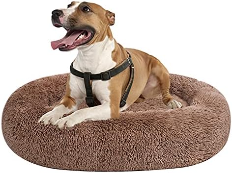 Coohom Oval Calming Donut Cuddler Dog Bed,Shag Faux Fur Cat Bed Washable Round Pillow Pet Bed(30"/36"/43") for Small Medium Dogs (XXL(43"x34"x8"), Camel)