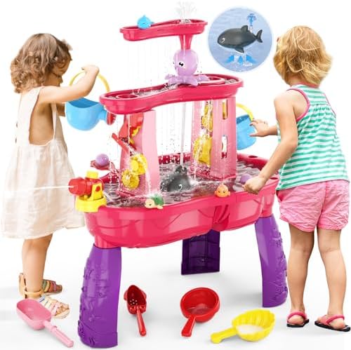 Water Table for Toddlers 3-5 with Water Pumb, 3-Tier Kids Sand Water Table, Rain Showers Splash Pond for Outdoor Beach Backyard Summer, Activity Sensory Play Table for Girls, Pink