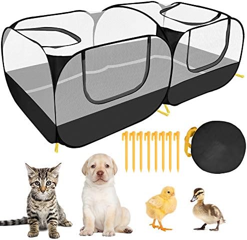 SlowTon Small Animals Playpen, Portable Large Chicken Run Coop with Detachable Bottom Breathable Transparent Mesh Walls, Foldable Pet Enclosure for Puppy Kitten Rabbits Indoor Outdoor