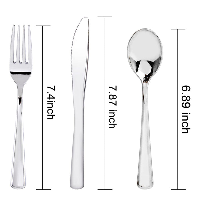 WDF 300 Pieces Silver Plastic Silverware - Plastic Silverware- Plastic Silverware Heavy Duty - 100 Forks 100 Knives 100 Spoons - Disposable Silver Plastic Cutlery Perfect for Party/Wedding/Christmas