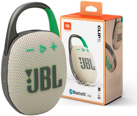 JBL Clip 5 - Ultra-Portable, Waterproof & Dustproof Bluetooth Speaker, Big Pro Sound with Punchy bass, Integrated Carabiner, Up to 12 Hours of Play, Made in Part with Recycled Materials (Sand)