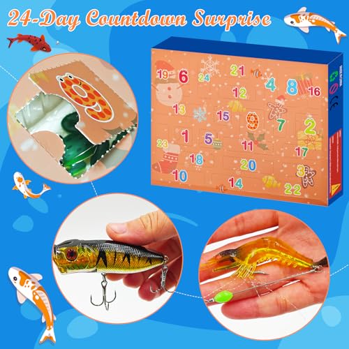 Fishing Advent Calendar 2024 Adult Men Teen Boys,24 Days Christmas Countdown Advent Calendar Fishing Lure Baits Tackle Set with Minnow Crankbait VIB Spoons Popper Fishing Gifts for Anglers