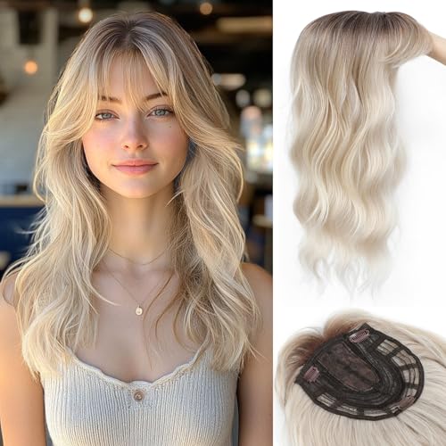 Hair Topper, 360° 3D Hair Toppers for Women with Thinning Hair, 20 Inch Long Curly Toppers Hair Pieces with French Bangs (Ash Blonde Mix Highlights with Brown Root, French Bangs)
