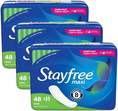 Stayfree Maxi Super Long Wingless Reliable Protection and Absorbency Pads for Women, 48 Count (Pack of 3)