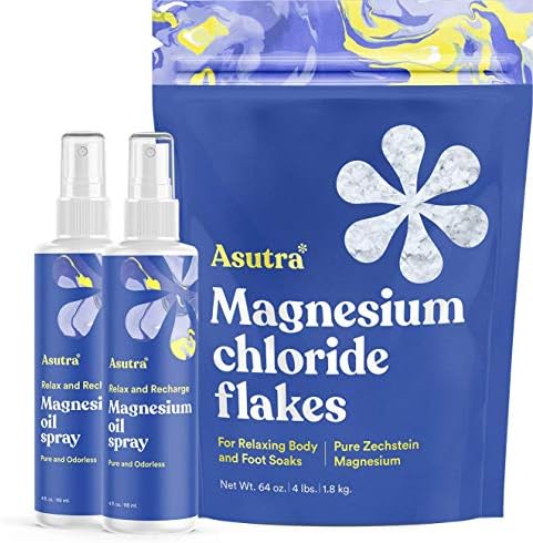 ASUTRA Topical Magnesium Bundle, 4 fl oz Magnesium Oil Spray (Pack of 2), 4 lb Bag of Magnesium Chloride Bath Flakes, Rapid Absorption, Pure and Odorless, Magnesium Derived from Zechstein Seabed