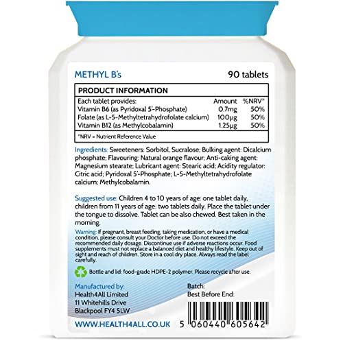 Health4All Kids Methyl B's 90 Tablets for Children for Stress & Mood Support. Sublingual Vegan pre-methylated B12 Methylcobalamin, 5-Methylfolate and Vitamin B6 P-5-P