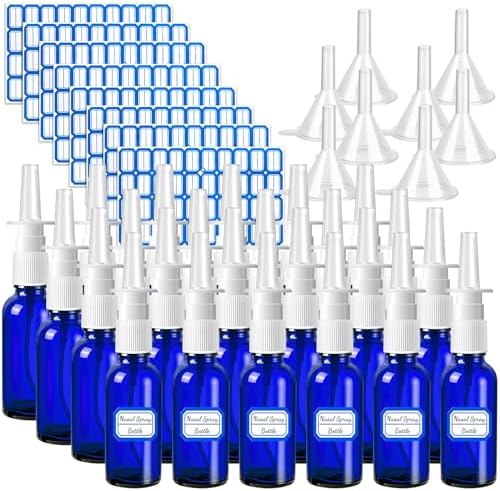 40 Pcs Nasal Spray Bottles, 30ML/1oz Blue Glass Refillable Fine Mist Empty Nasal Spray Bottle with 8 Pcs Funnels and 8 Pcs Labels…