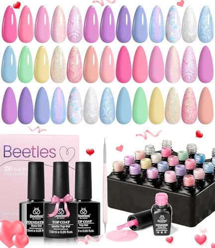 Beetles 24Pcs Gel Nail Polish Set, Valentine Pink Purple Pearl Pastel Blue Shimmer Chameleon Green Colors 2025 Spring Gel Polish Kit, 3Pcs Base Gel Top Coat and Double-ended Brush Soak off UV Gel