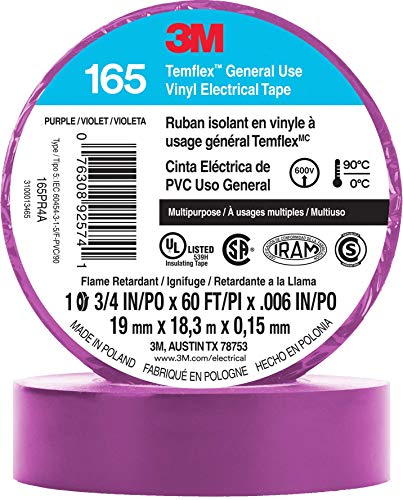3M Temflex Multi-Purpose Vinyl Electrical Tape 165, Purple, 3/4 in x 60 ft (19 mm x 18 m), 10 Roll Pack