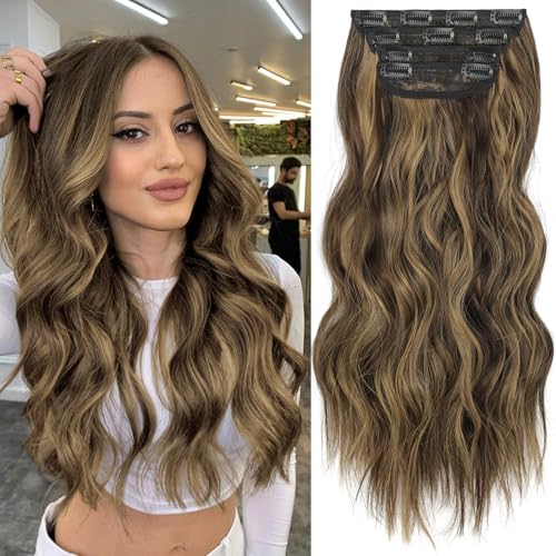 KooKaStyle Clip in Synthetic Hair Extensions Long Wavy 4PCS Thick Hairpieces Balayage Chocolate Brown to Caramel Blonde 10H26 Fiber Double Weft Natural Hair Extensions 16 Inch for Women
