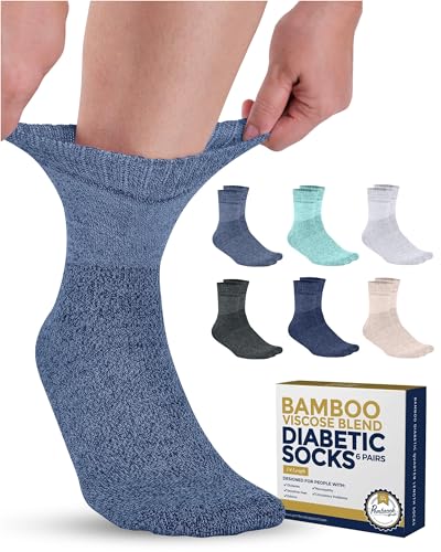 Pembrook Bamboo Viscose Diabetic Socks for Women & Men - 6 Pairs Ankle Socks for Swollen Feet | Neuropathy Socks | Moisture Wicking Diabetic Socks for Men 9-12 | Black, White, Beige, Aqua, Blue, Navy