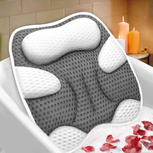 Ergonomic Cat Shape Bath Pillow for Head and Neck, SPA Gift for Women, Machine Washable Bathtub Pillow 4D Air-Mesh with 7 Suction Cups Gray