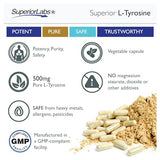 Superior Labs – Pure Natural L-Tyrosine NonGMO – 500 mg, 120 Vegetable Capsules – Supports Mental Clarity – Promotes Alertness – Boosts Energy – Dietary Supplement for Calming and Relaxation