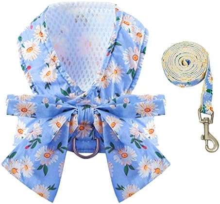 BAEJMJK Dog Harness and Leash Set with Bow Knot No Pull Pet Daisy Floral Harness with D-Ring Soft Mesh Dog Harness Vest Set Escape Proof Princess Puppy Harness for Small Girl Dogs Cats（Blue B S）