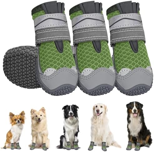 SlowTon Dog Shoes for Large Small Medium Dogs - Breathable Dog Boots for Summer Hot Pavement, Paw Protector for Outdoor Walking Winter Snow, Anti-Slip Rubber Dog Booties for HardFloor (Army Green, 3)