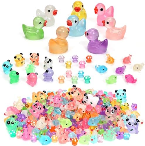 Luminous Mini Resin Ducks Tiny Animals Glow in The Dark Duck Panda Dolphin Mushroom 4 Combination Sets for Garden Micro Landscape Aquarium Potted Dollhouse Decor 105PCS