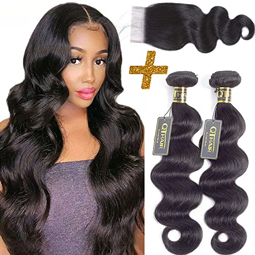 QTHAIR 14A Brazilian Body Wave with Closure 100% Unprocessed Brazilian Virgin Hair 2 Bundles with Free Part Closure Natural Black Body Wave Human Hair Bundles With Closure(12 12 with 10inch)
