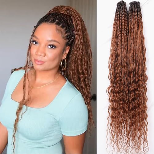 BLG Crochet Boho Box Braids with Human Hair Curls Brown Curly Human Hair Boho Crochet Braids with Curly Ends Pre Looped Bohemian Crochet Braids for Black Women 24 Inch 2 Pack 80 Strands