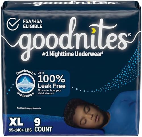 Goodnites Boys' Nighttime Bedwetting Underwear, Size Extra Large (95-140+ lbs), 9 Ct, Packaging May Vary