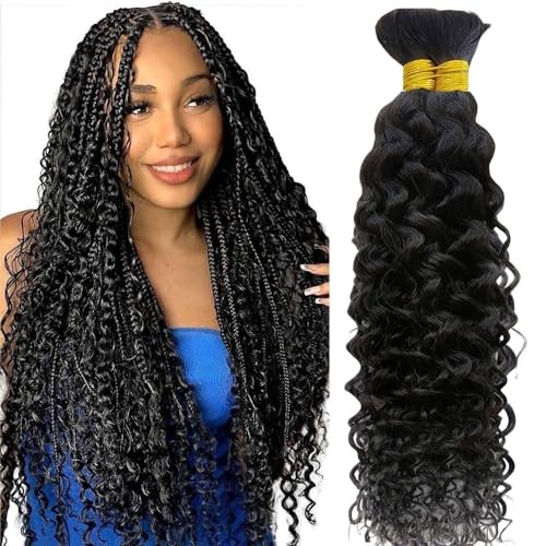 Human Braiding Hair Deep Water Wave Bulk Human Hair for Braiding Dark Brown Human Hair Braiding Hair No Weft 12A Curly Human Hair Extensions for Boho Braids (1B-Water Wave, 16 Inch)