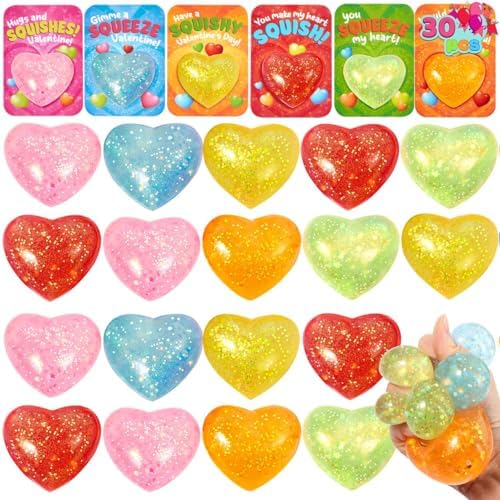 JOYIN 30 PCS Valentines Day Heart Stress Balls with Cards, Valentines Party Favor Supplies, Exchange Rewards Prizes