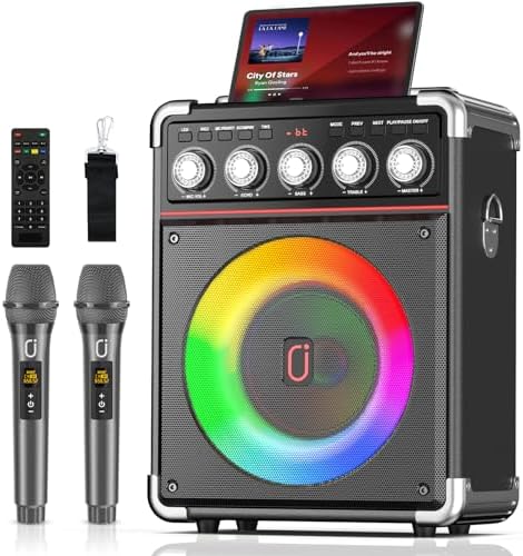 Karaoke Machine for Adults Kids, Portable Outdoor Bluetooth Speaker with 2 Wireless UHF Microphones Supports Remote Control, DJ Light, TF Card/USB/AUX/, TWS, Bass/Treble for Party(Black