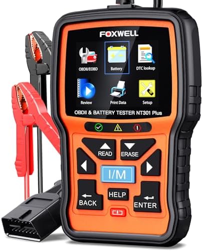 FOXWELL NT301 Plus 2 in 1 OBD2 Scanner Battery Tester, OBDII Diagnostic Tool Check Engine Car Code Reader, 12V 100-1100CCA Cranking Charging System Alternator Test, Live Data, Full ODB2 Diagnosis
