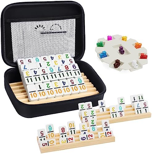 Mexican Train Dominoes Set with Numbers and 4 Wooden Trays/Racks, Double 12 Dominos Travel Set with 4 Tiles Holders, 91 Tiles Double 12 Colored Dominoes Game Set with Portable Case for Families Kids