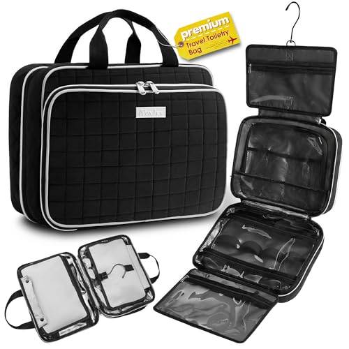 AvaJex Large Hanging Toiletry Bag - Water Resistant Makeup Travel Organizer with 19 Compartments, with YKK Zippers, Detachable Pocket - Easy Skincare & Cosmetic Travel Organizer for Men and Women