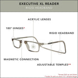 Clic XL Magnetic Reading Glasses (Wide Frame), Computer Readers, Replaceable Lenses, Executive XL, (XL-XXL, Grey, 2.50 Magnification)