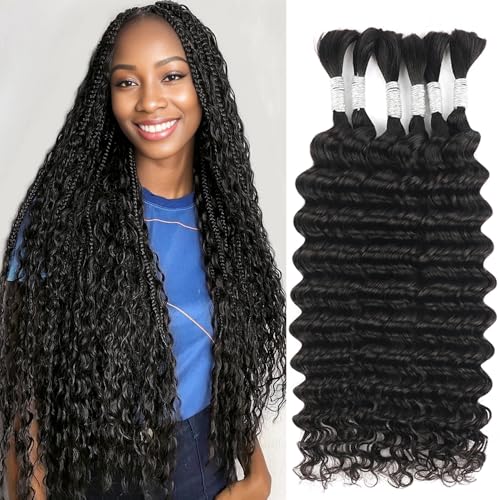 Human Braiding Hair 24 Inch 6 Bundles Human Hair Braiding Hair No Weft Deep Wave Bulk Human Hair for Braiding Hair Extensions for Boho Braids 150g Natural Color#