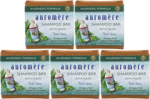 Auromere Ayurvedic Shampoo Bar - Eco Friendly, Handmade, Vegan, Cruelty Free, Natural, Non GMO, All in One Bar for Soap and Shampoo (4.23 oz), 5 pack