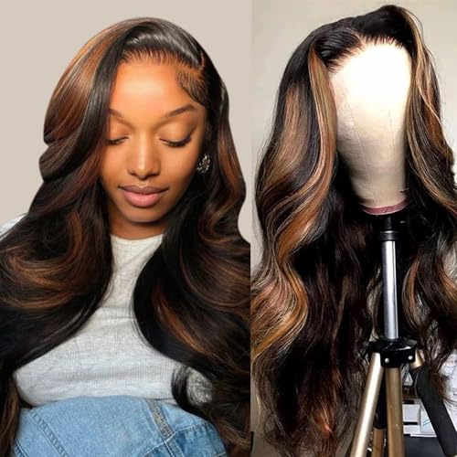 Highlight Ombre Lace Front Wig Human Hair 26 Inch Body Wave Honey Blonde 13x6 Transparent Lace Front Wigs Ombre Black Brown Lace Front Human Hair Wigs 180% Density 1/30 Colored Wig Balayage Wig