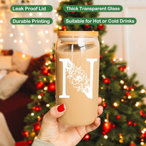 Coolife Initial Glass Cup, Monogrammed Gifts for Women, 16 oz Glass Cups w/Lids Straws, Iced Coffee, Smoothie, Beer Glass Tumbler w/Straw Lid - Personalized Christmas, Birthday Gifts for Her Mom