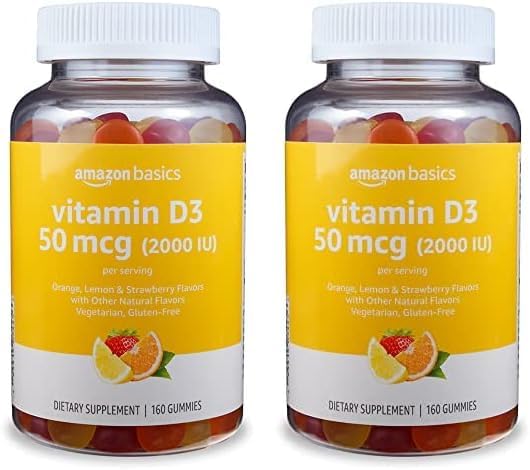 Amazon Basics Vitamin D3 2000 IU Gummies, Orange, Lemon & Strawberry, 160 Count (2 per Serving) (Previously Solimo) (Pack of 2)