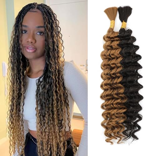 Human Braiding Hair Mix Synthetic Boho Hair for Braiding, 18 Inch Wet and Wavy Braiding Hair 2 Pcs Deep Wave Bulk Hair for Braiding Curly Bohemian Hair Extensions (P4/27, 20INCH)