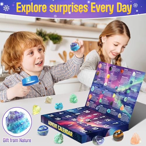 ZIZZ Advent Calendar 2024 Christmas - 24 Days Natural Rock Crystal Gemstone Christmas Countdown Calendar for Boys Girls Geology Stone Learning Collection Birthday Christmas Gift Toy for Kid Teen Adult