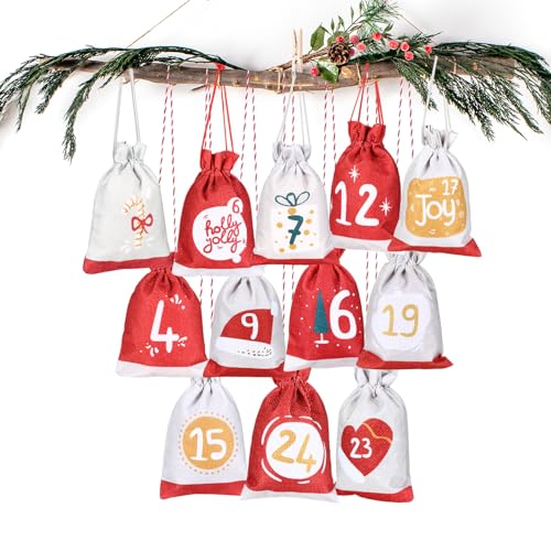 GWHOLE 2024 Advent Calendar Fill Your Own Christmas Drawstring Bags with Countdown Stickers Printed 24Pcs