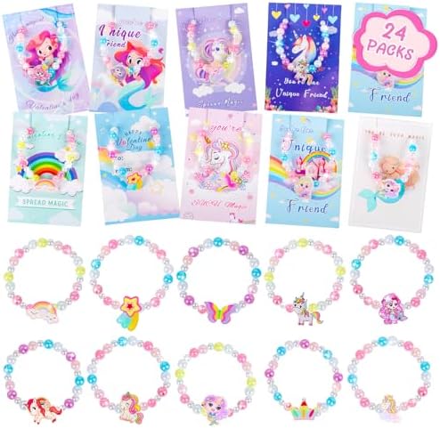 Valentines Day Gifts for Kids Classroom,Unicorn Valentines Cards for Kids School Girls, Princess Valentines Cards and Charm Bracelet, Mermaid Valentines Cards,Valentine Party Favors - 24 Packs