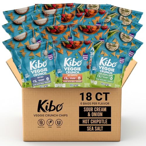 Kibo Veggie Chips Super Snack Variety Pack - 7g Plant-Based Protein, Sea Salt, Hot Chipotle & Sour Cream & Onion - Gluten & Dairy-Free, Vegan -18 Pack